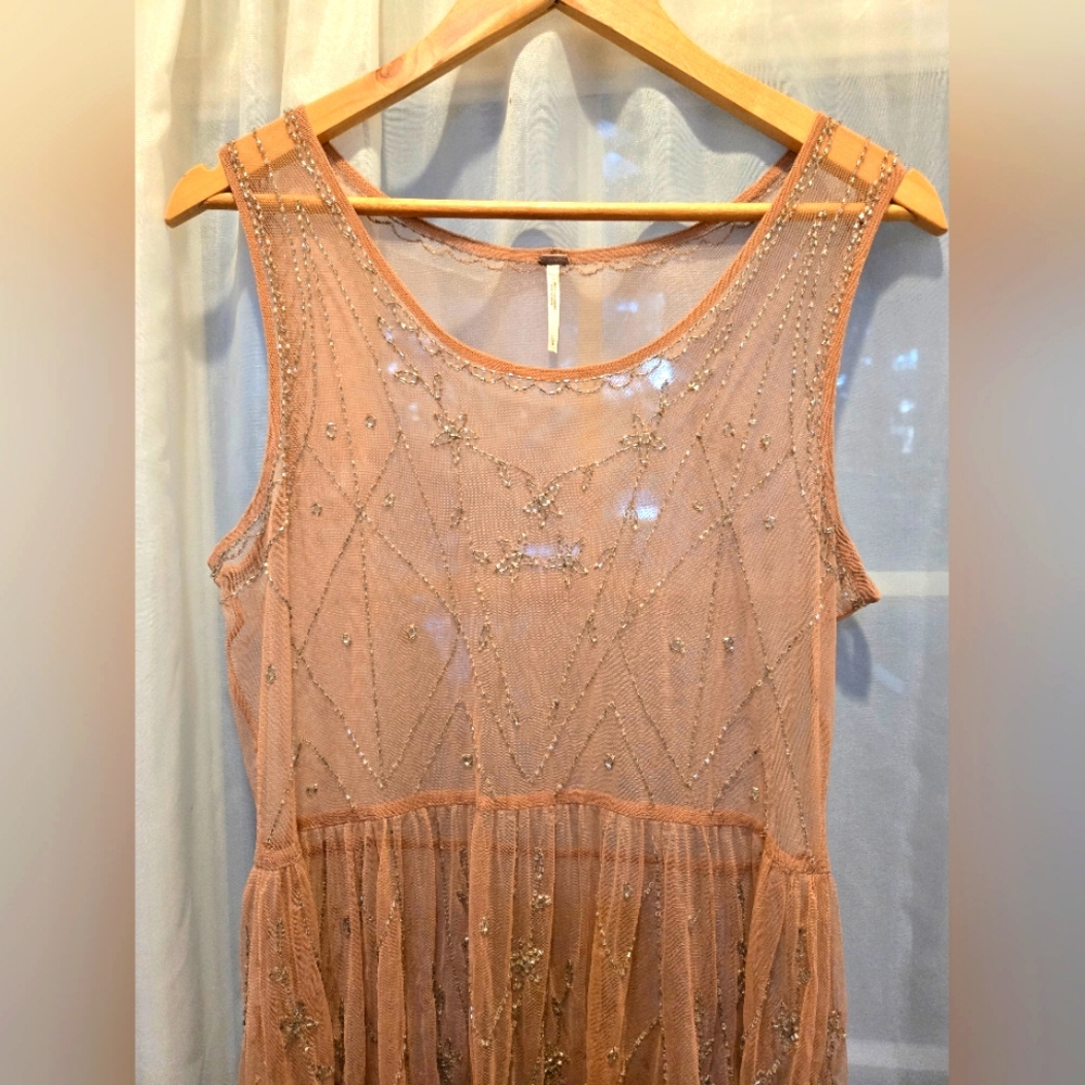 Free People Starry Nights Pink Embellished Beaded Boho Mini Slip Dress R…